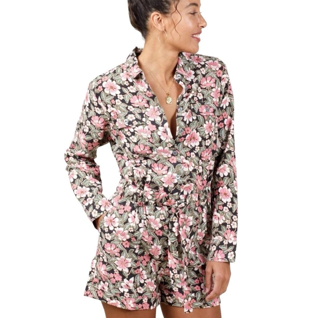 Outerknown Long Sleeve Linen Cotton Shortall Romper Hawaiian Floral S NWT $188